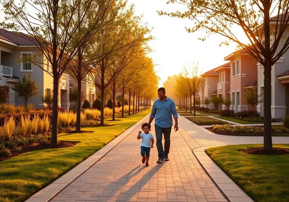 Family walking through community
